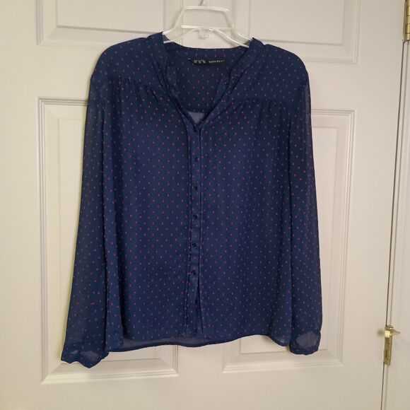 Zara Tops - Zara Women's Blouse Size XL Sheer Blue Red Polka Dot Button Front Long Sleeve